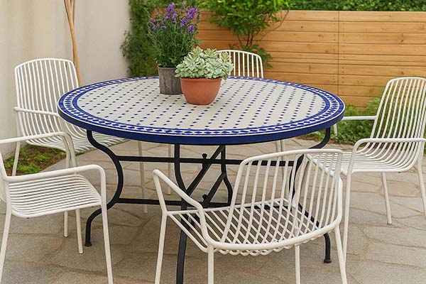 שולחן כחול לבן וכסאות