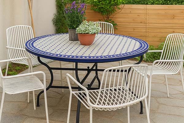 שולחן כחול לבן וכסאות