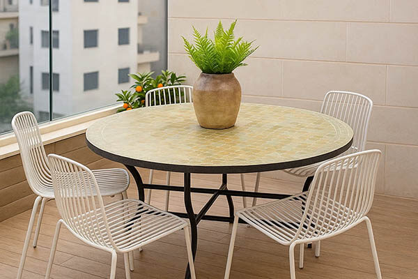 שולחן ירקרק וכסאות במרפסת